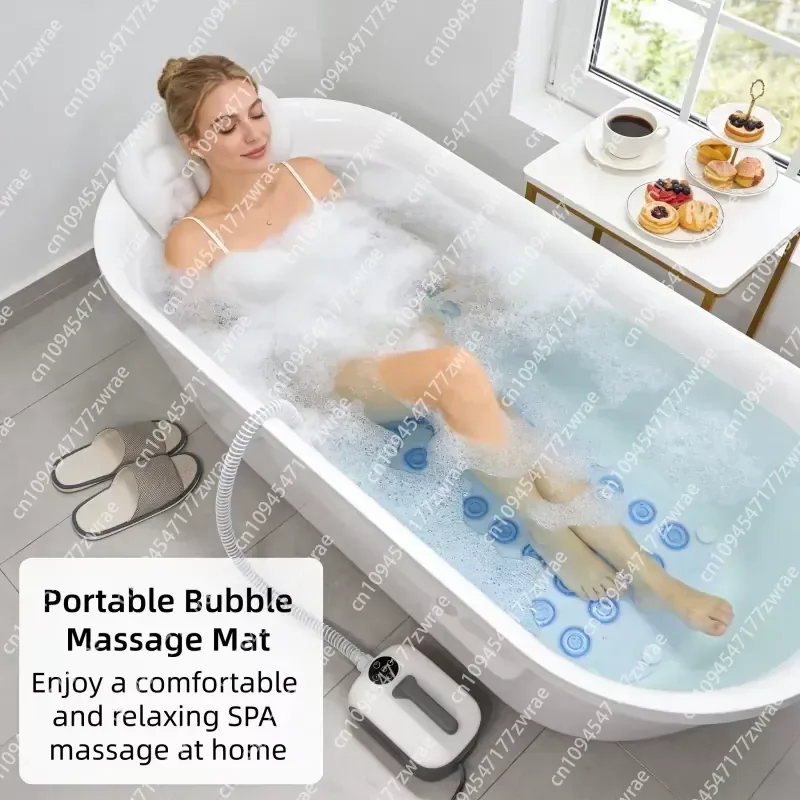 Portable Bathtub Bubble Massage Mat with Inflatable Pillow Foldable Non-slip Bath Mat for Enjoy Bath Spa at Home & Relaxation