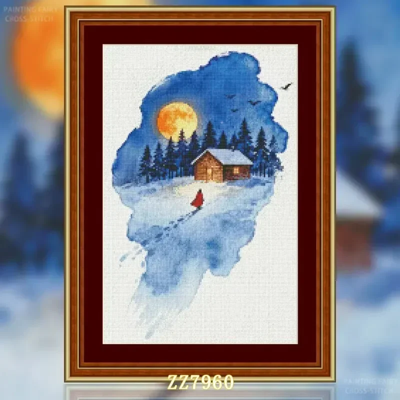 [ZZ7960-Returning from Winter Snow Night] Stamped Cross Stitch Kit 11/14/16/18CT Pre Printed Canvas Cotton Thread DIY Embroidery