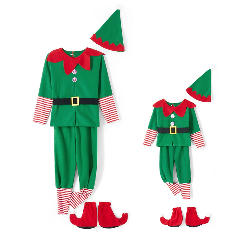 Combhasaki Christmas Elf Costume for Family Parents and Child Short Sleeve Dress Pants over the Kneel with Hat, Belt and Socks