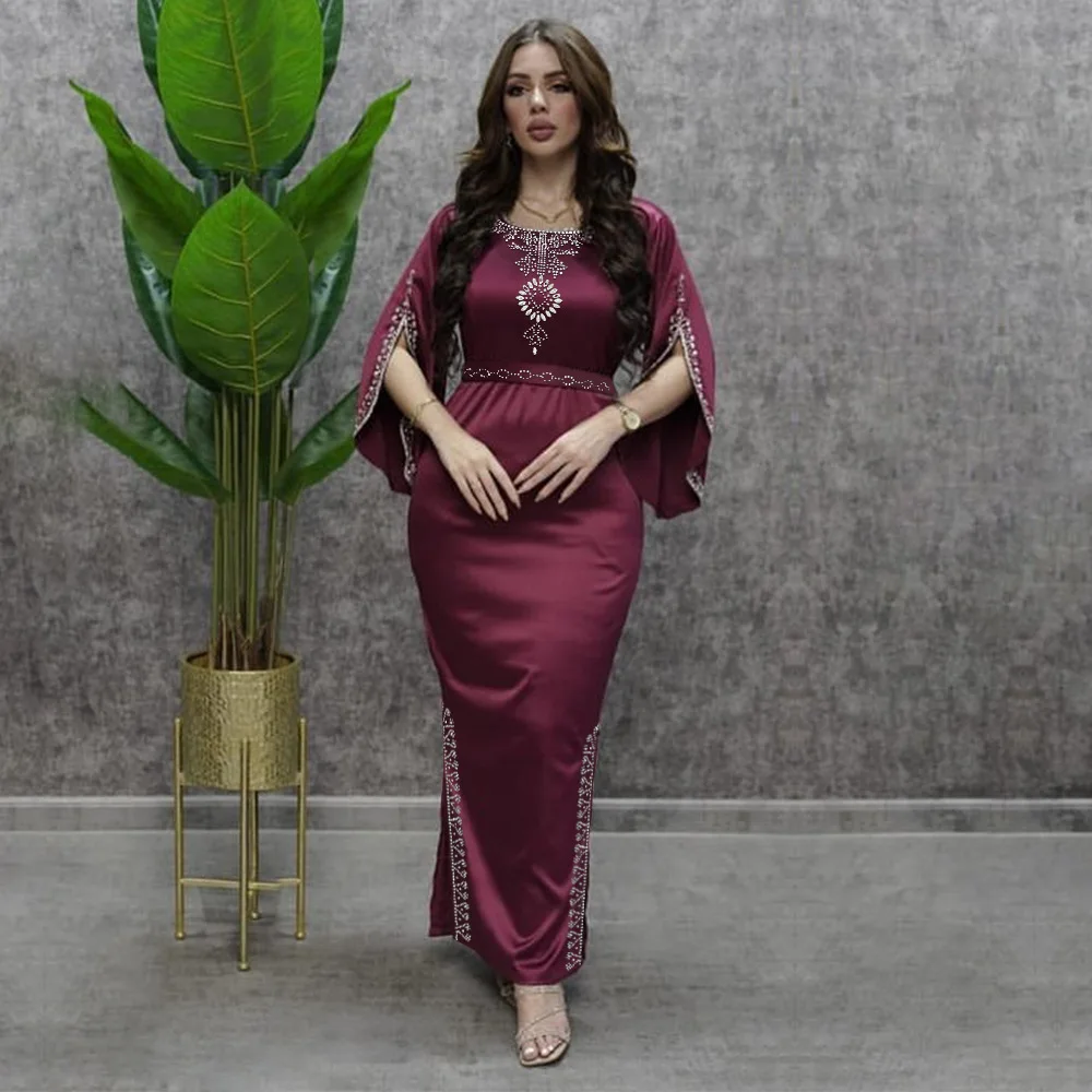 

Muslim Light Luxury Diamond Evening Dress for Women Dubai Split Long Sleeve Slim Maxi Dresses Ramadan Arab Elegant Lace-up Robe