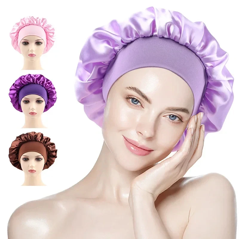 1-4Pcs Women'S Satin Solid Elastic Wide-Brimmed Sleeping Unisex Head Wrap Elastic Band Cap Hair Care Bonnet Night Hat Bonnet