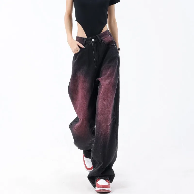 American Retro Spring and Summer New Graffiti Wash Water Jeans Women's Retro Design Sense Straight Leg Wide Leg Pants