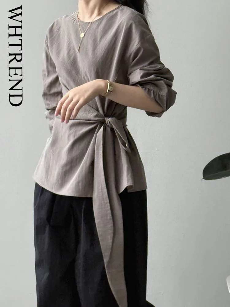 

WHTREND Высококачественная рубашка с повязкой на талии для женщин, осенняя модная элегантная блузка в корейском стиле, топ WH1474