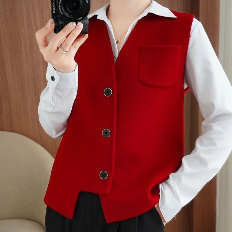 Womens Fashion V Neck Short Wool Double Sided Knit Cardigan Vest Unisex Lightweight Autumn Winter Spring Outerwear