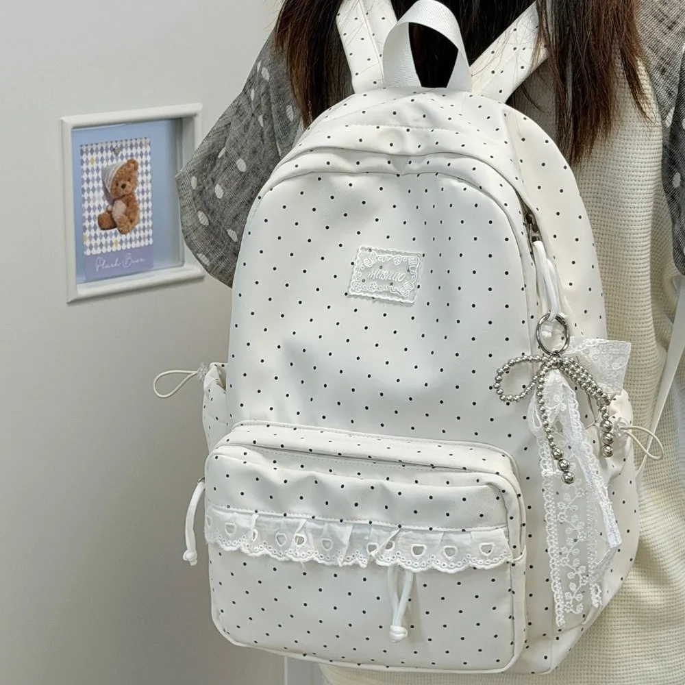 Cute Polka Dot Travel Backpack Large Capacity Nylon Student Schoolbag with Lace Multi-pocket Laptop Daypack