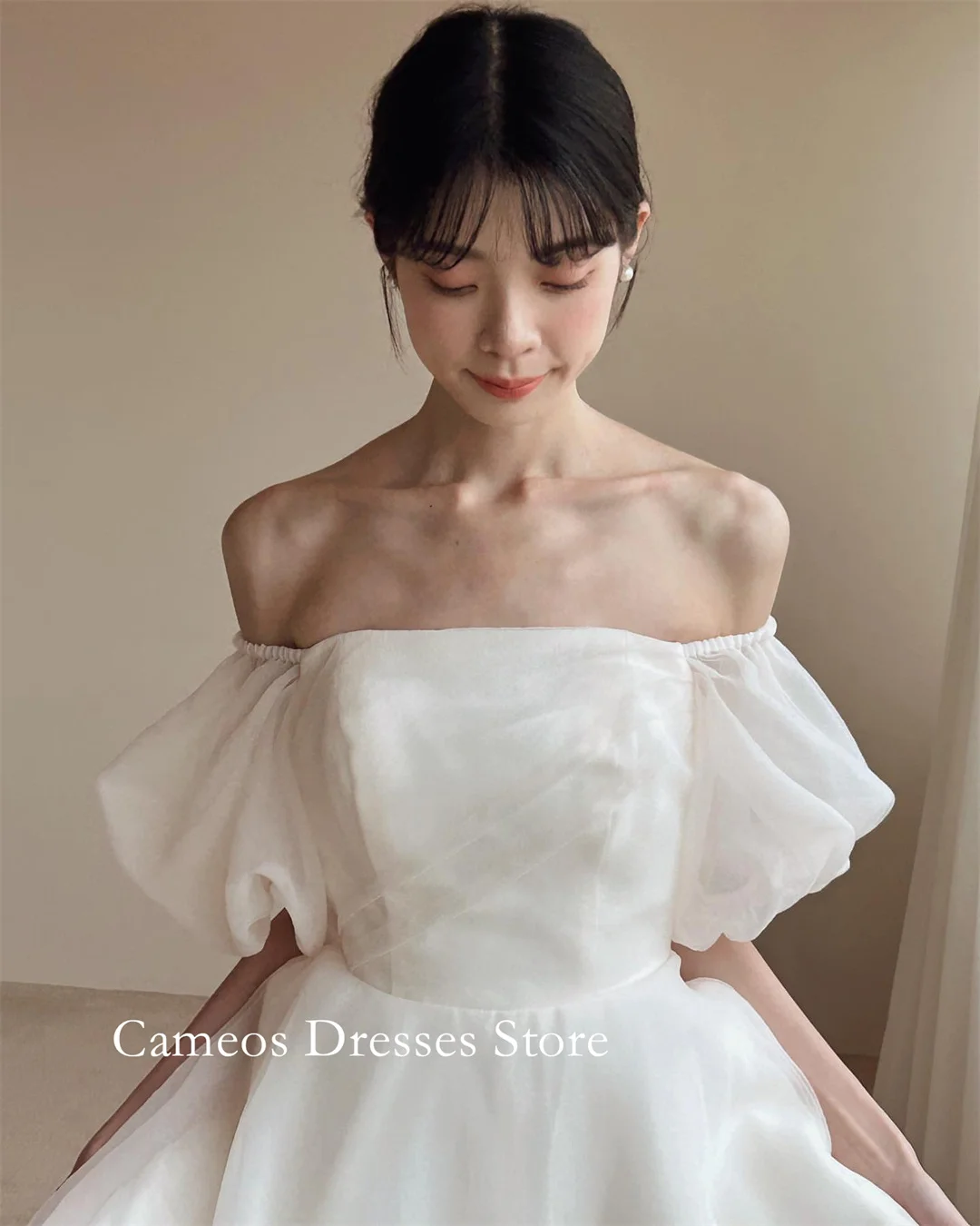 SONDR Customized Off Shoulder Ivory Puff Sleeves Wedding Dresses Simple A-Line Organza Korea Brides Gowns Women Bridal Dresses