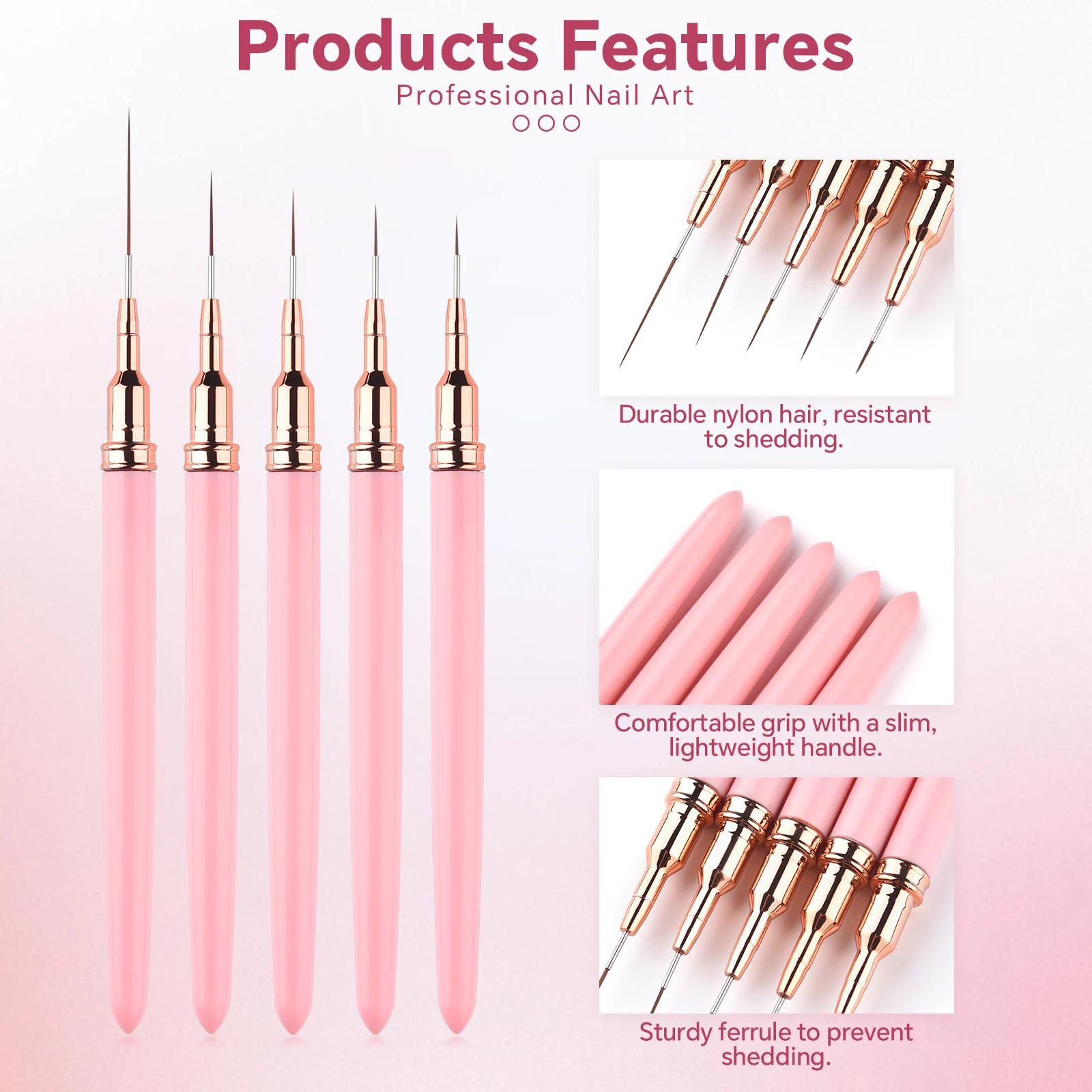 Nail Art Liner Brushes Set 5Pcs/Set Pink Professional Elongated Lines Striping Drawing Painting Nail Design Pen Manicure Tool