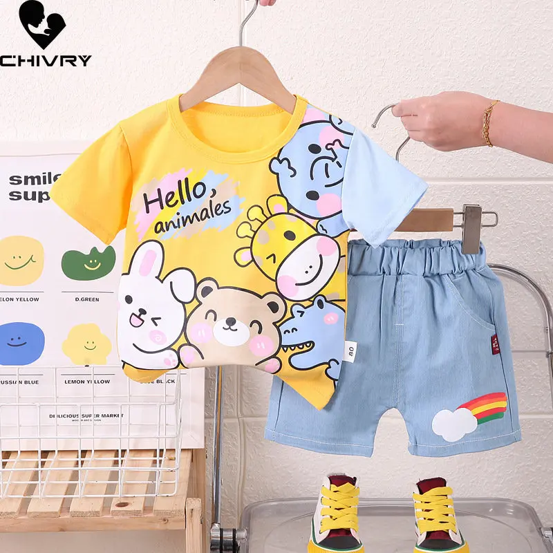 Neue 2023 Baby Boy Sommer Kurzarm Rundhals Nette Cartoon Tier T-shirt Tops mit Denim Shorts Jungen Mode Kleidung sets