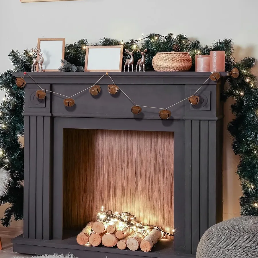 4 قطعة 6.5 قدم أجراس جلجل معدنية صدئة جارلاند مع أجراس عتيقة صدئة وسلسلة حبل الجوت لغطاء شجرة عيد الميلاد الريفية F