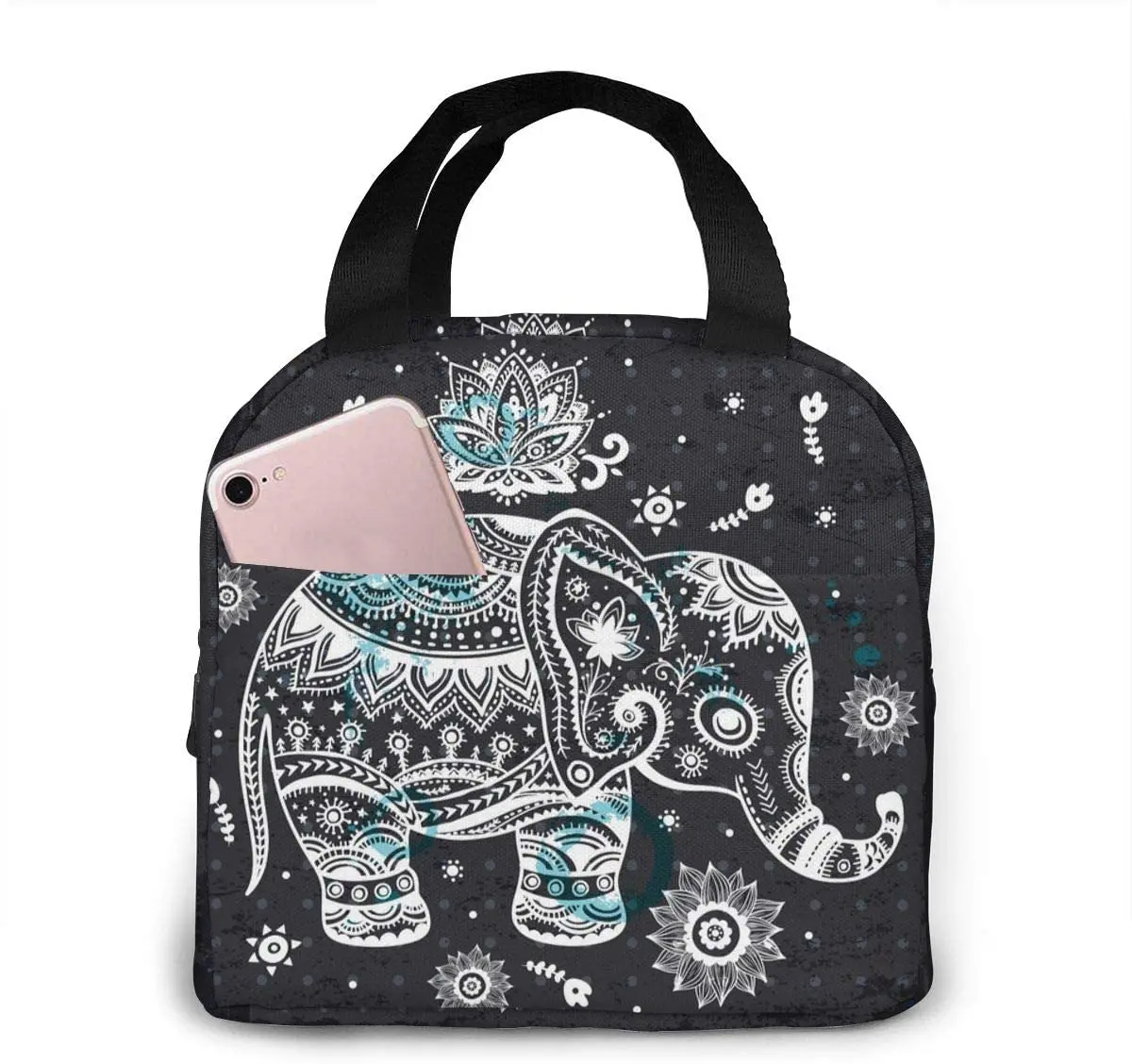 Indian African Lotus Ethnic Elephant Lunch Bag Insulated Lunch Box Cooler Tote for Picnic Camping Work Travel