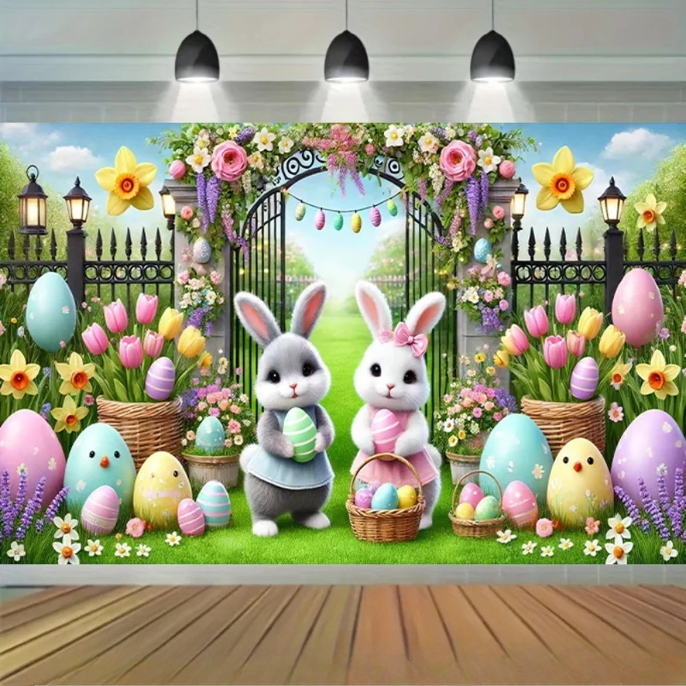 Frühlings-Osterhase Osterei-Themen-Banner Fotografie-Hintergrund, Kindergeburtstag-Party, Heimdekoration Fotografie-Hintergrund