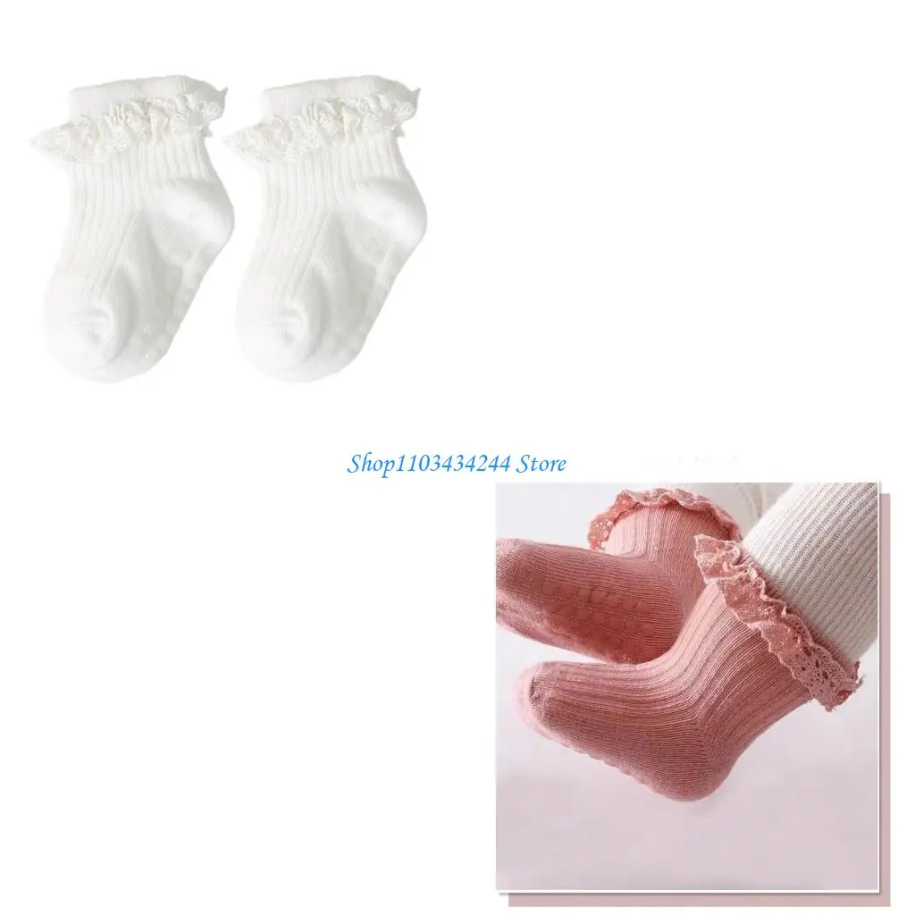 

0-6 Months Baby Cotton Socks Princess Girls Ruffled Lace Ankle Socks Strong Grips Short Calf Socks for Daily Wearing