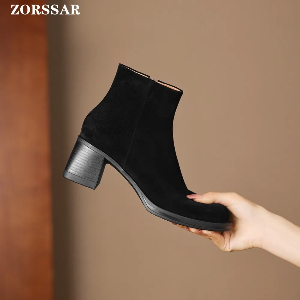 2025 جديد الخريف/الشتاء المرأة أحذية بوت قصيرة جلد طبيعي ساحة عالية الكعب أحذية الإناث الجلد المدبوغ موجزة النساء حذاء من الجلد