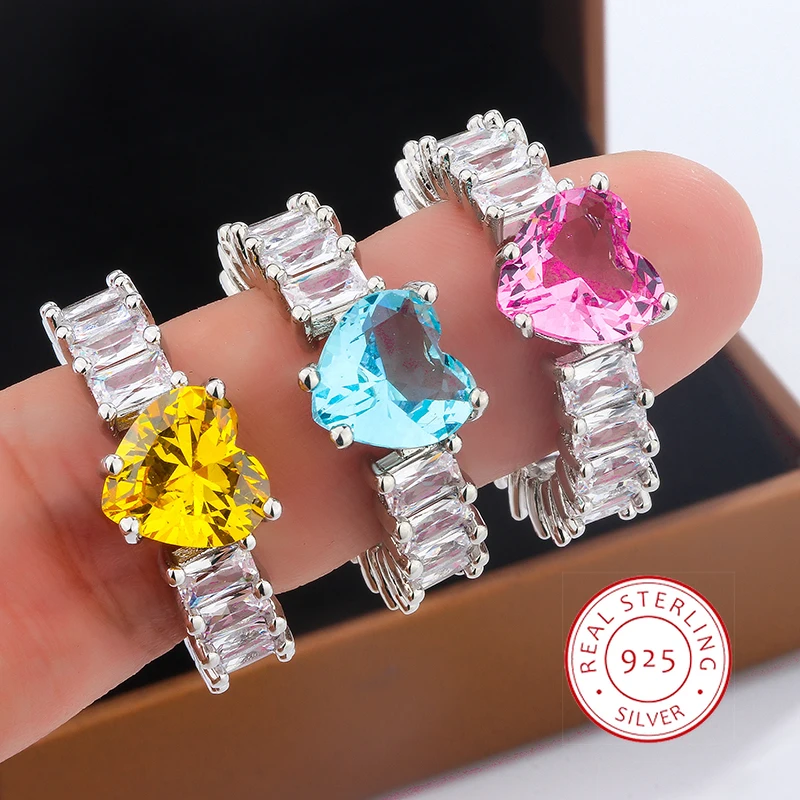 925 Silver Rings For Women Princess Propose Marriage Pink Blue Yellow Heart Cubic Zirconia Ring Romantic Wedding Bijoux