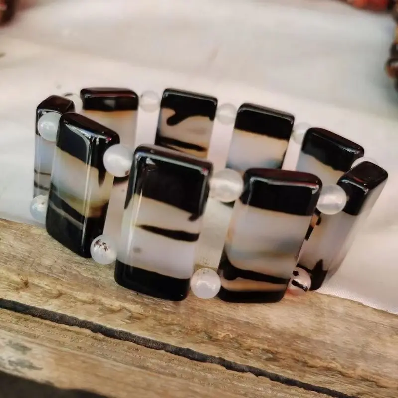 Agate Chalcedony Jewelry Men, Black And White Flower Jade Bracelet Accessory 2