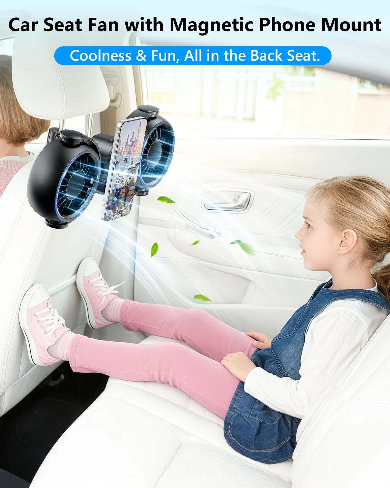 

Eary 4000mAh Battery Powered Fan Car Seat Fan with Magnetic Phone Mount Dual Head Fan for Backseat Headrest 360° Rotation Fans