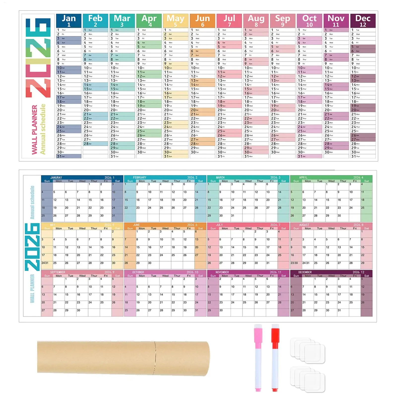 تقويم حائط إنجليزي لعام 2026، مخطط جداري جاف للمسح، مخطط جدول الأعمال، ورق سميك، السنة الجديدة، تقويم كبير لمكتب المدرسة المنزلية