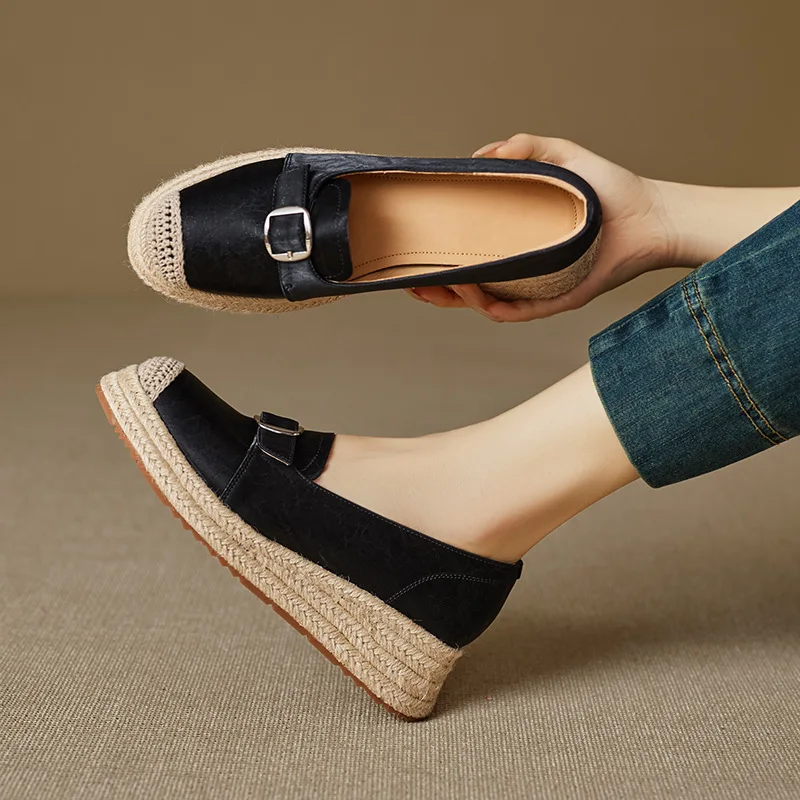 

Elegant Round Toe Espadrilles With Buckle Strap For Women Creative Design With Braided Jute Midsole And Parchment Footbed