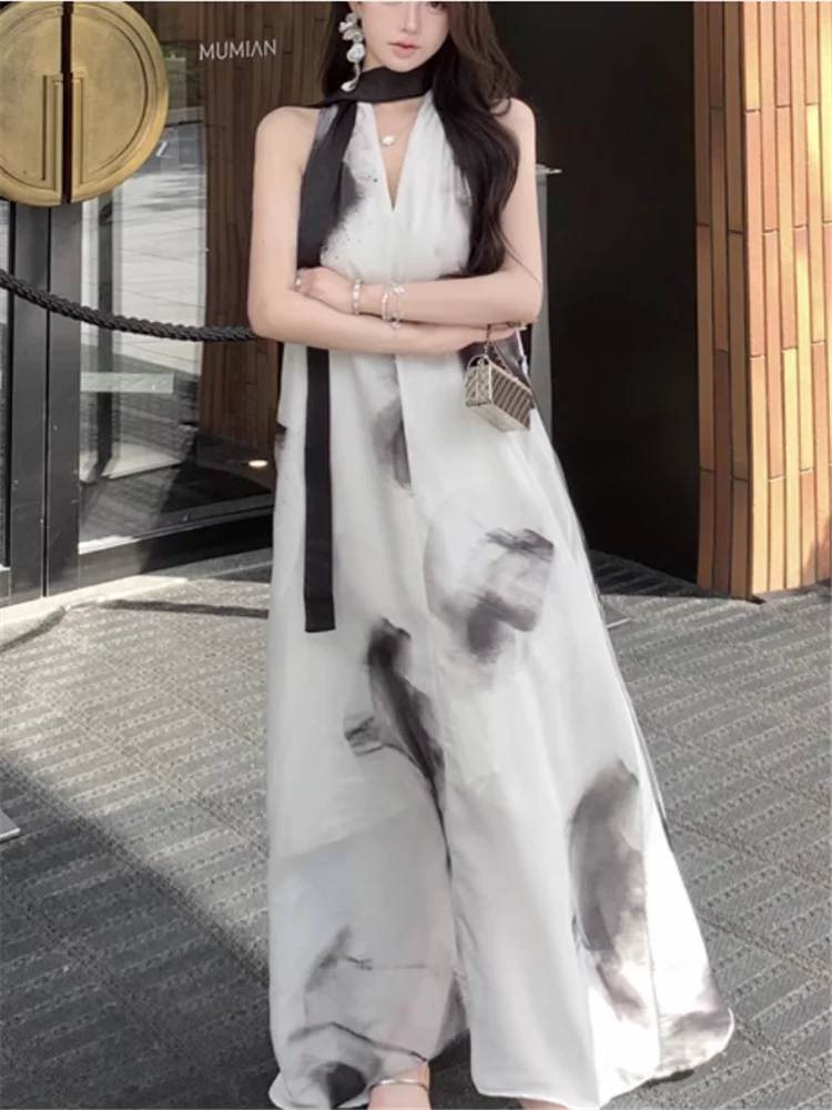 Vestido largo elegante con pintura china de hadas para vacaciones en la playa, novedad de verano 2025, vestido holgado con cuello en V y cinta para vacaciones en la playa