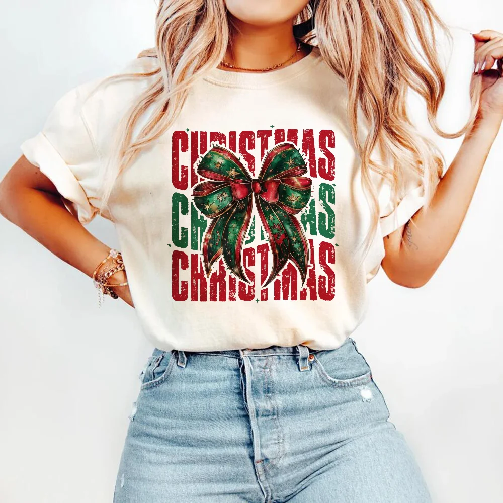 Camiseta con estampado de letras y lazo para mujer, ropa con estampado de Navidad y Feliz Año Nuevo, Top de manga corta