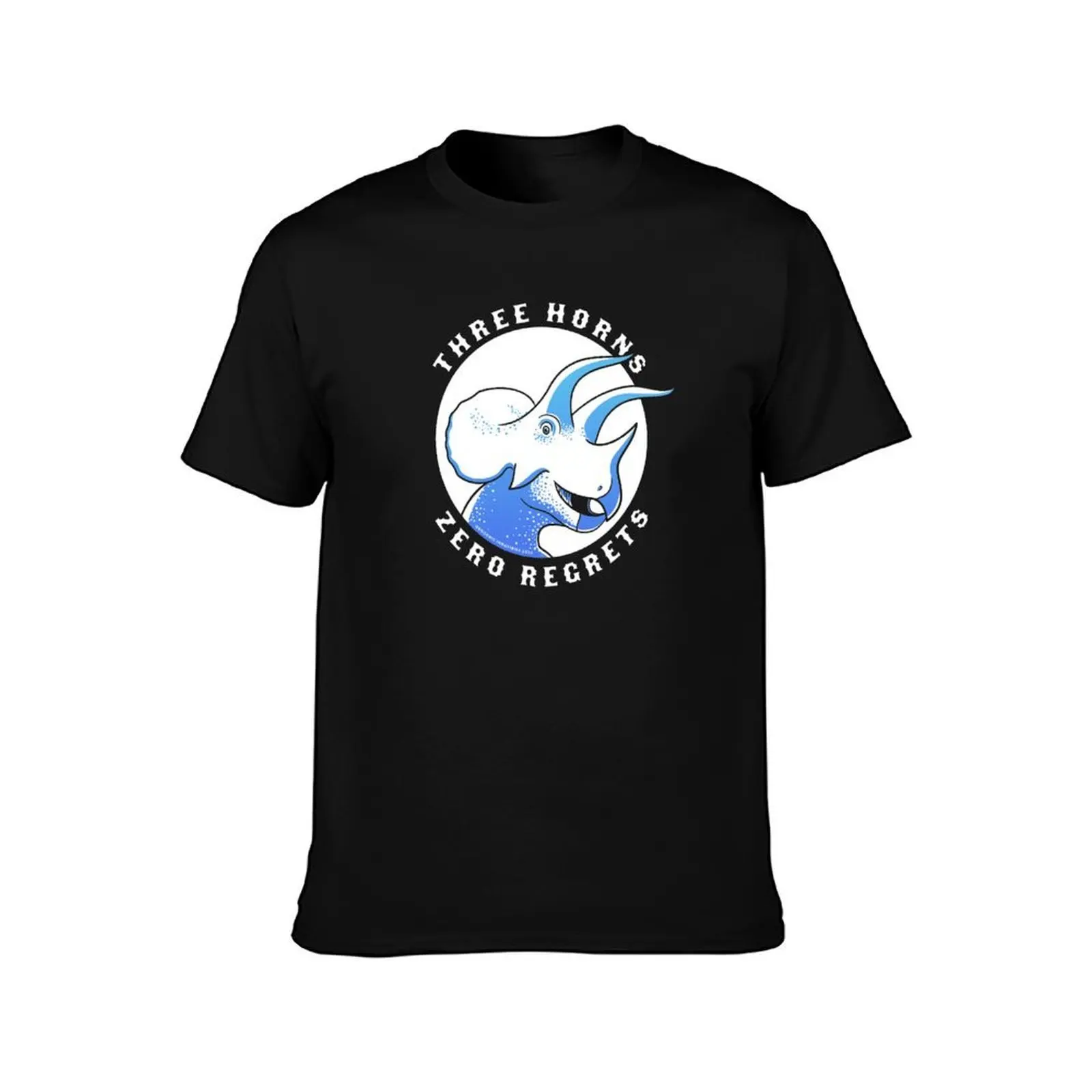 Three Horns, Zero Regrets Triceratops (blue) T-Shirt, Summer Casual Cotton Tee, Oversized Streetwear Tops, Vintage Graphic Print