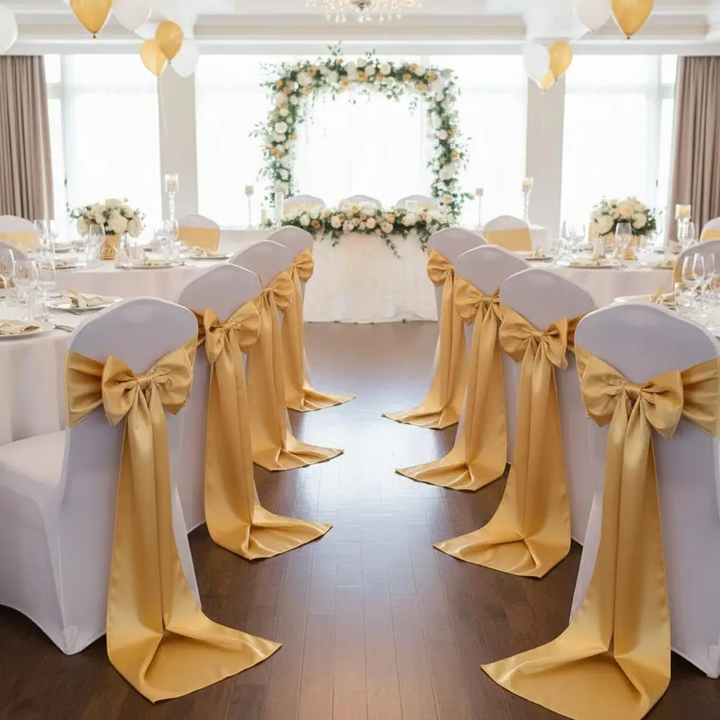 

Атласные ленты 7 x 108 дюймов для свадебных церемоний, детских праздников, мероприятий, банкетов, 50 шт., банты для стульев, золотистый цвет, декоративные элементы.