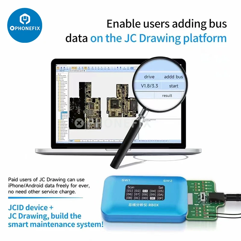 

JC Bus Analyzer RBOX Tester For iPhone Android Phone Signal Faults Detection work with JC Intelligent Drawing Diagram Bitmap