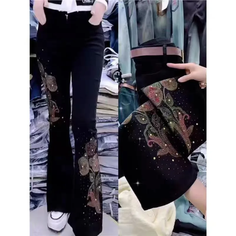 

Autumn and Winter Jeans Women New High Waisted Slimming Fashion Elastic Black Micro Flared Pants With Diamond Personalized Style
