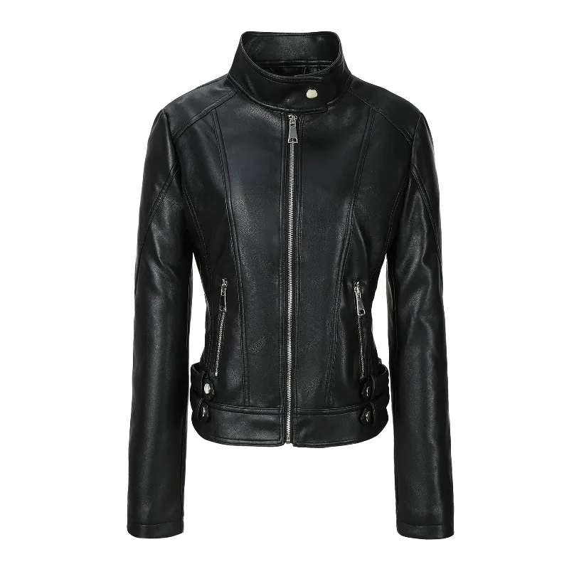 2026 Fashion Spring Autumn Women's PU Leather Jacket Moto&biker Short Coat Stand-up Collar Zip-up Slim Jackets Streetwear Coats