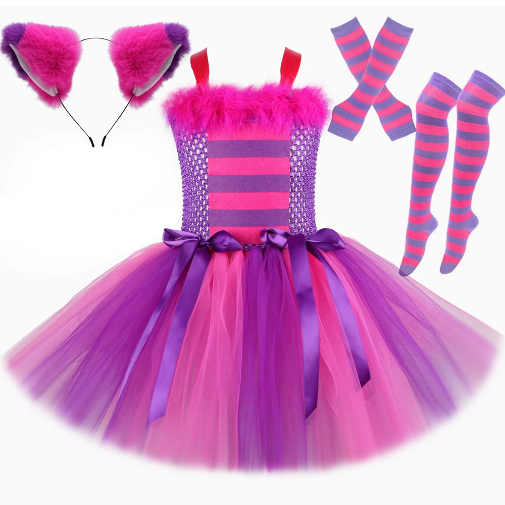 Cartoon Magie Gestreiften Grinsekatze Tutu Kleid Set Mädchen Halloween Karneval Party Kleid Neue Heiße Lila Katze Kinder Wunderland Outfit – Detail 4