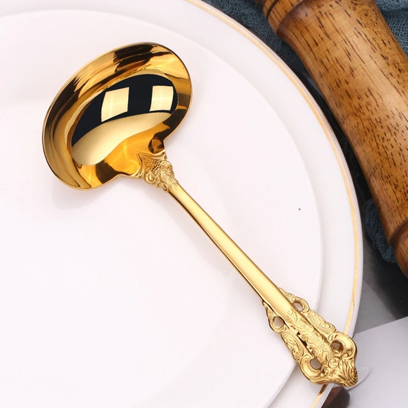 Cucharón de sopa de acero inoxidable 304, herramienta de cocina, accesorios de cocina, cucharón dorado, cuchara para servir sopa chapada en oro