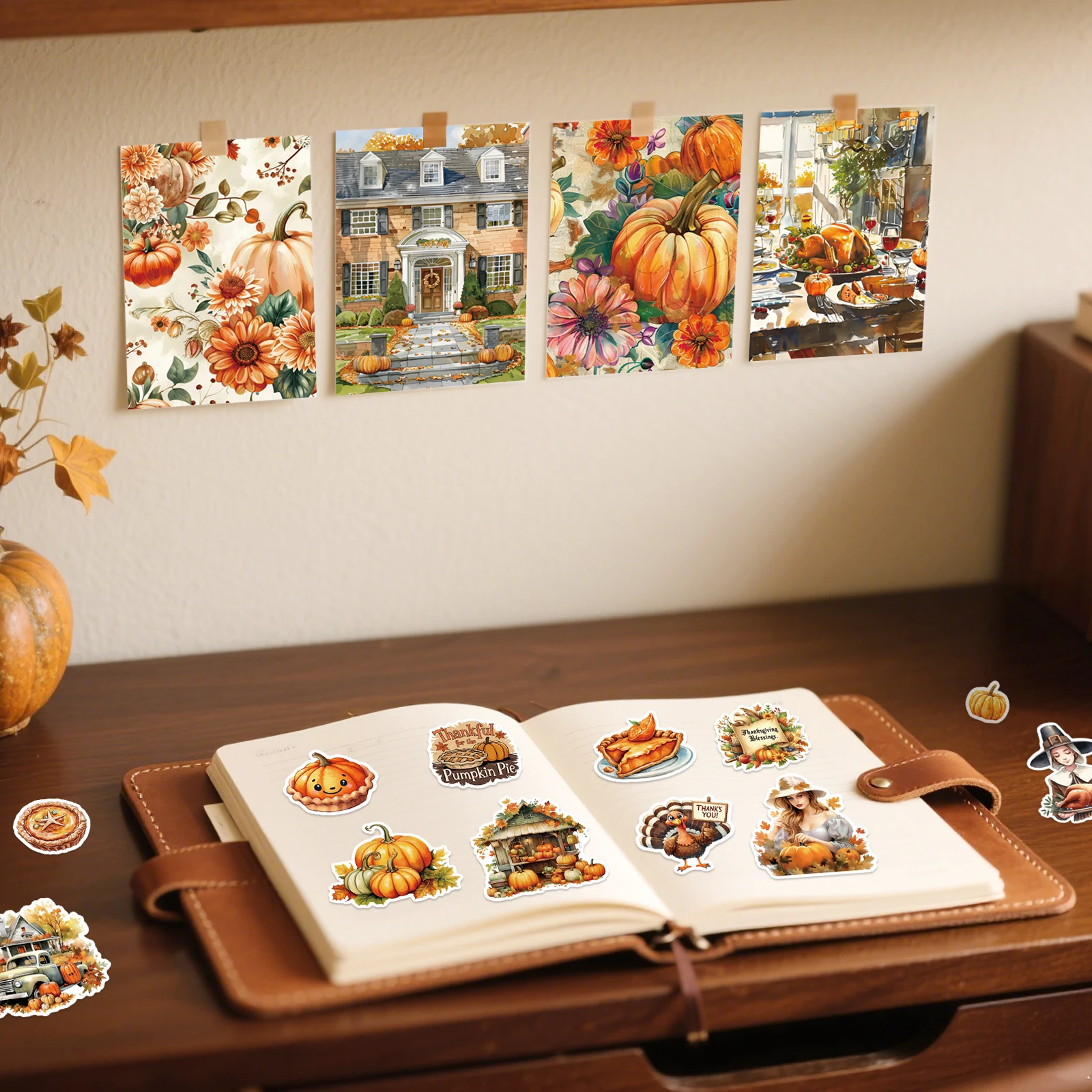 50/294PCS Thanksgiving Day Cartoon Scrapbook Paper Stickers Set Pumpkin Turkey Graffiti Sticker Festival Celebration DIY Decor