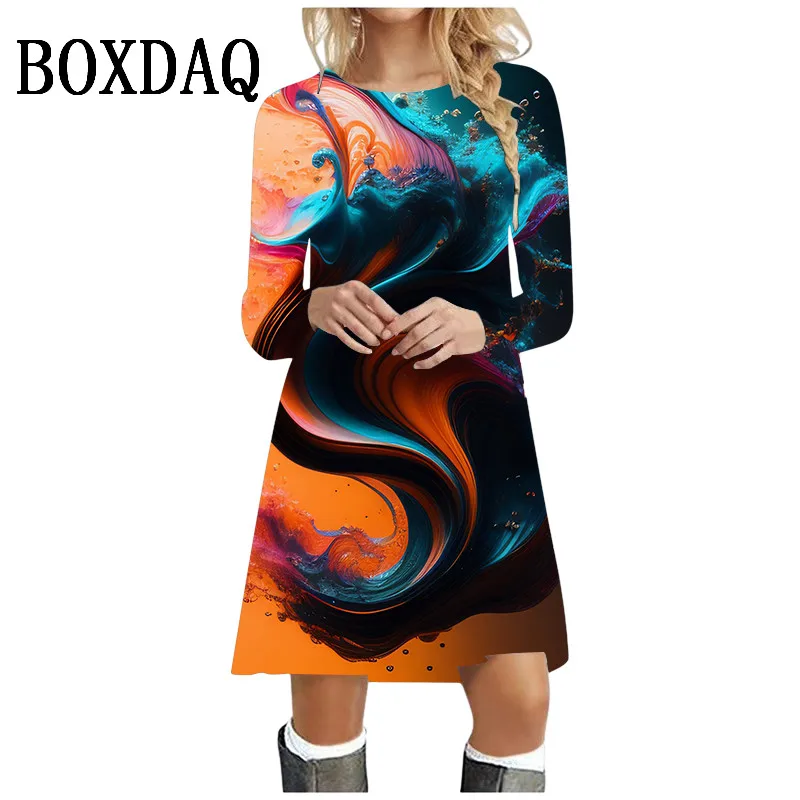 Oversized Long Sleeve Dress Auutmn O-Neck Women'S Dress Loose 3D Painting Print Dress Harajuku Streetwear Vintage Casual Dresses