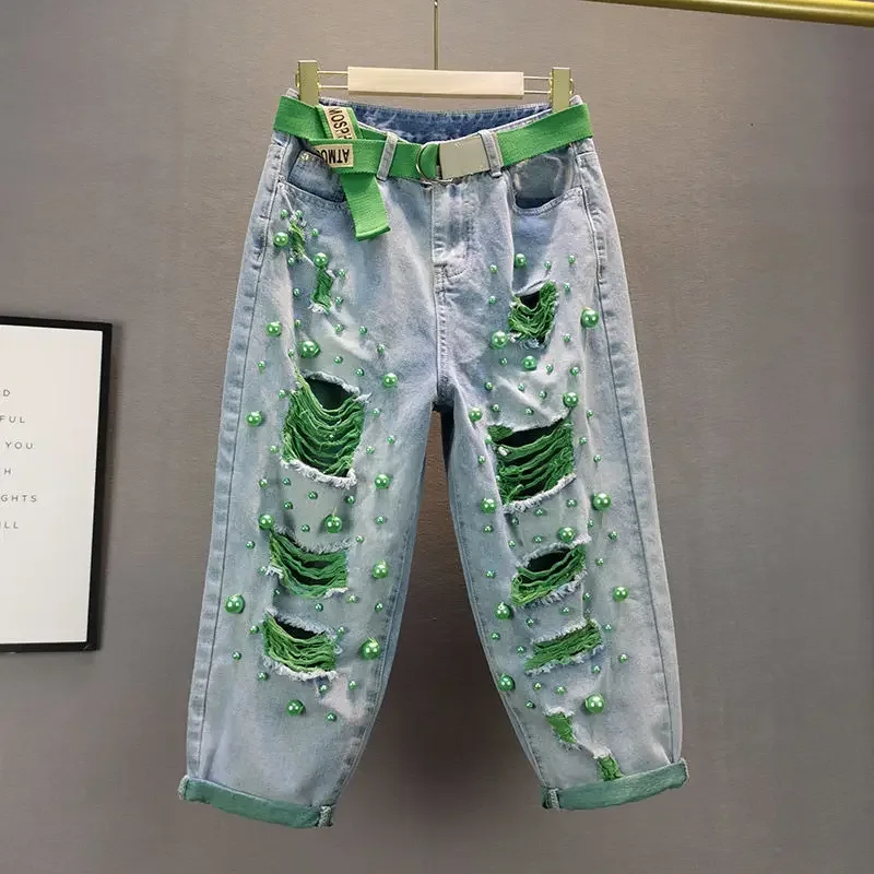 

Летние женские джинсовые брюки с жемчугом и бисером, джинсы с дырками и заклепками, мешковатые джинсы, свободные рваные ковбойские брюки с высокой талией 2024