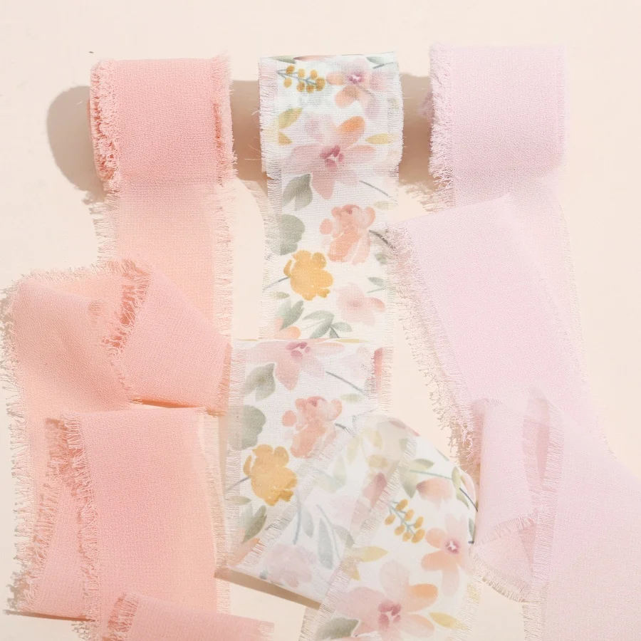 Mischen Sie 3 Rollen, 5 m, bedruckte Blumen, ausgefranstem Satin, handgefertigtes Chiffonband für Hochzeitseinladung, Blumenstrauß, Geburtsparty, DIY, Dezember, Geschenk – Detail 7