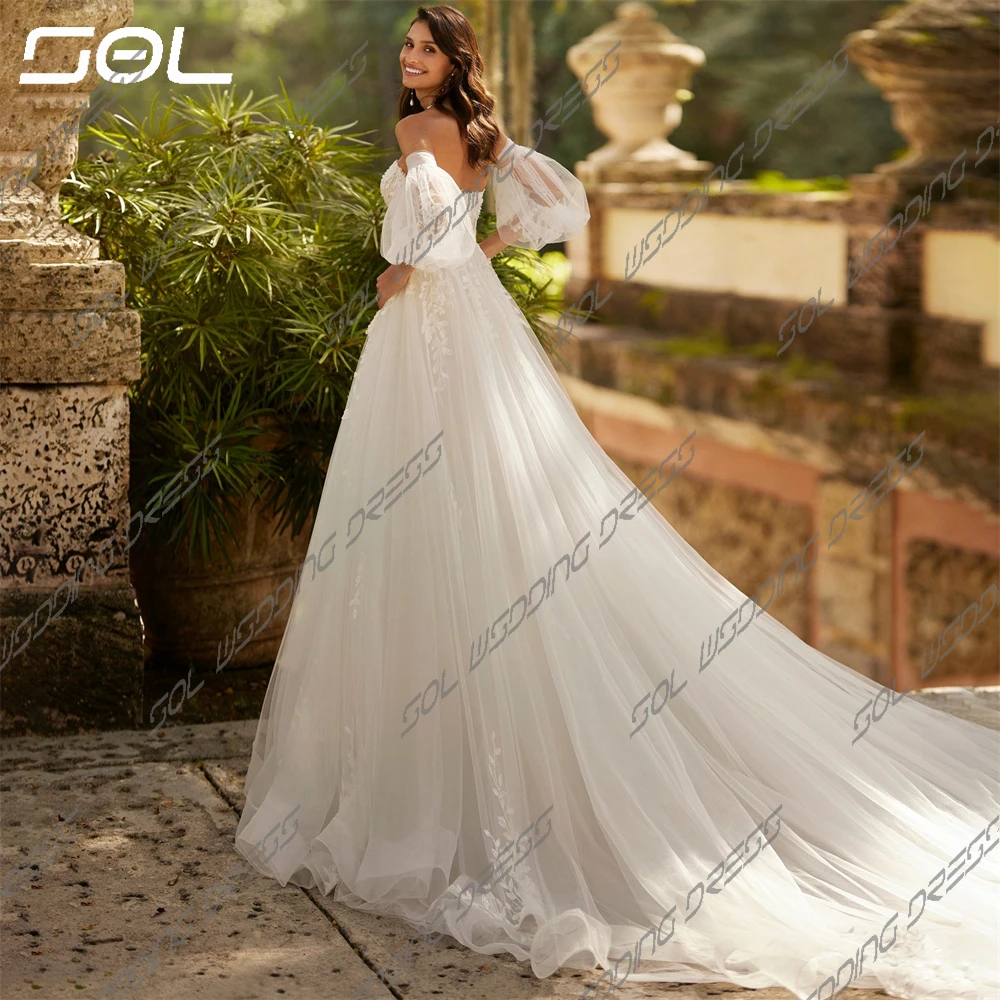 SOL BOHO-Destacável Metade Puff Mangas Vestidos De Casamento De Tule, Vestidos De Noiva Sem Encosto A Linha, Elegante Querida Tulle