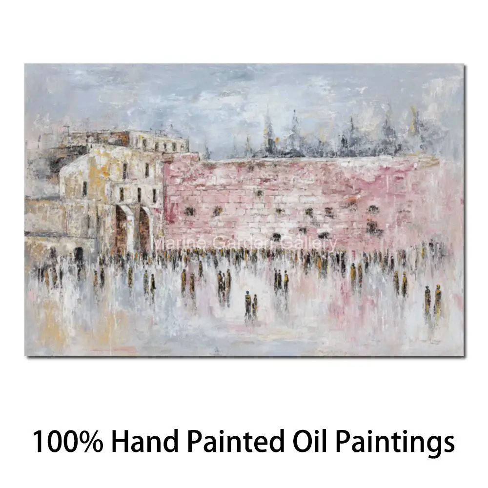 Strukturierte Jüdische Leinwandkunst: Handgemaltes Ölgemälde der Westwand (Kotel) mit Gebeten und Jerusalem-Landschaft für Judaica-Studierzimmer-Dekoration