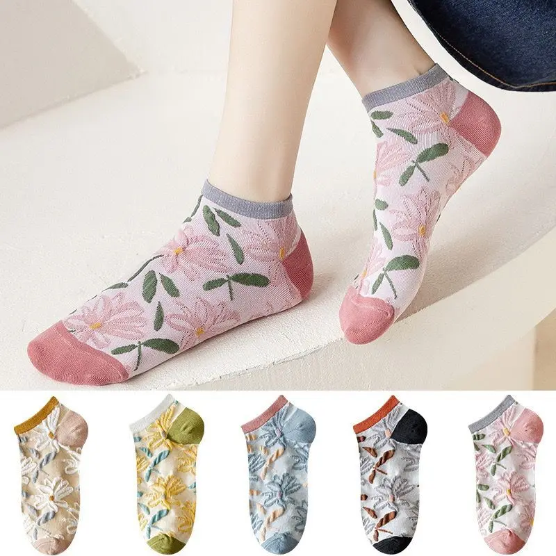 

5Pairs Of Harajuku Vintage Embroidered Women's Socks Japan Kawaii Lovely Sock Ethnic Lolita Lace Floral Set Socken Fashion New