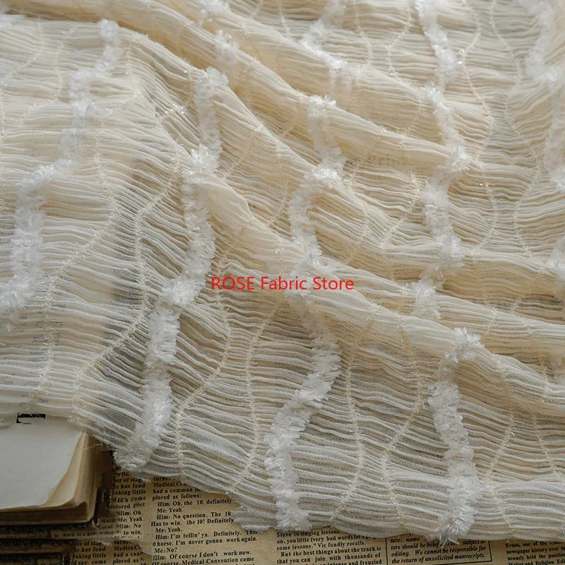 

Beige Bright Silk Hook Embroidery Tulle Fabric For wedding lace bridal lace dress fabric veil lace