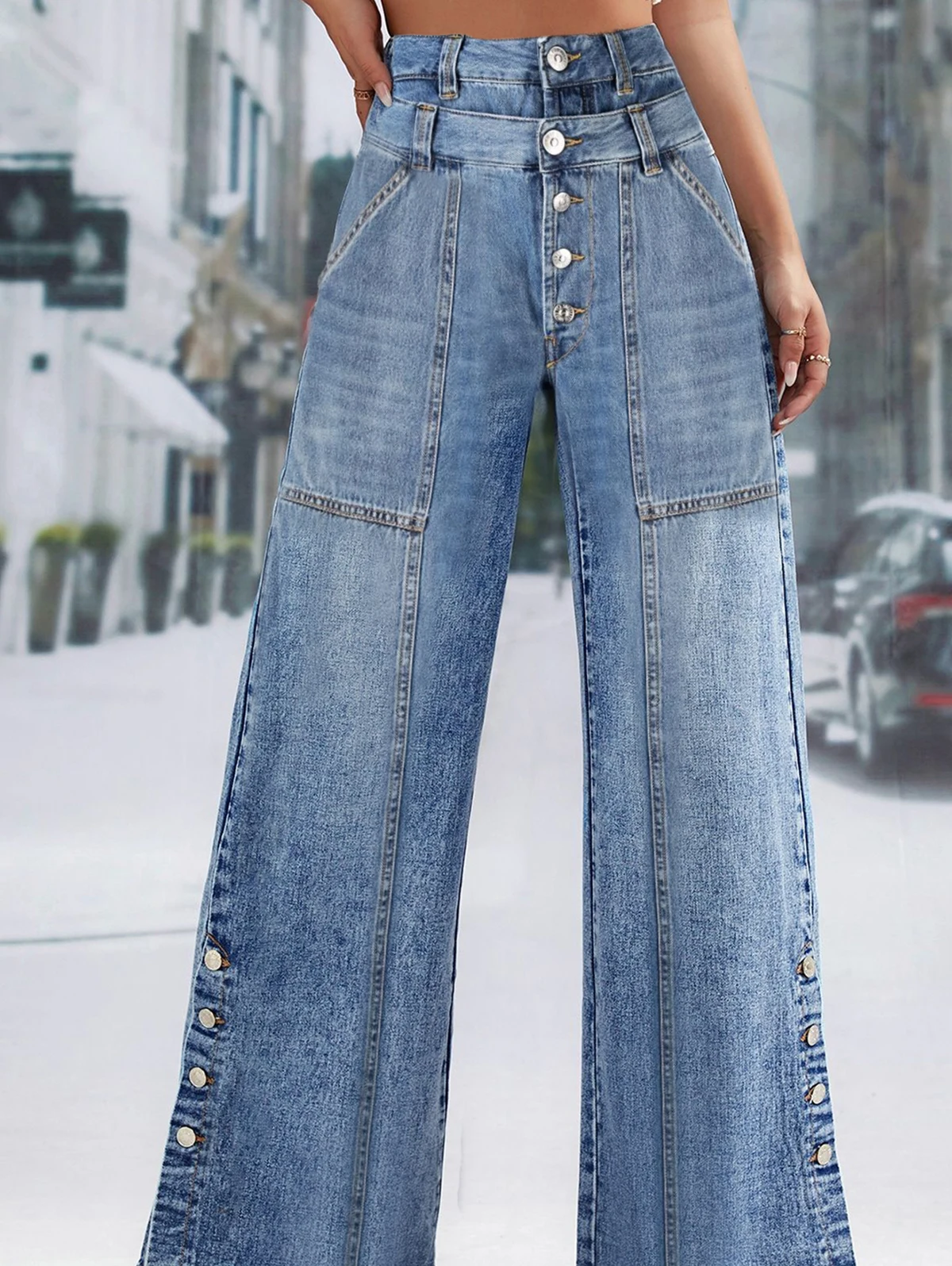 Jean taille haute à jambes larges pour femmes, pantalon long amincissant, pantalon droit, bouton, mode