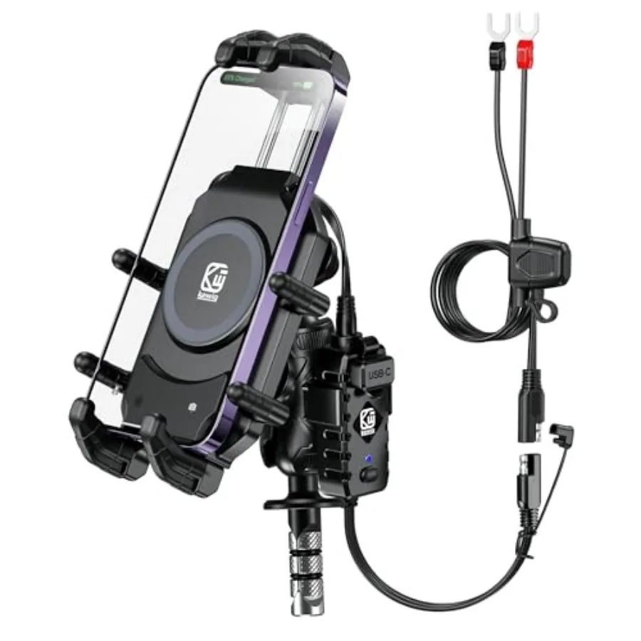 

Motorcycle Fork Stem Phone Mount with Qi 15W Wireless Charger and 36W PD/USB-C Fast Charging Port Anti-Theft Motorcycle Phone H