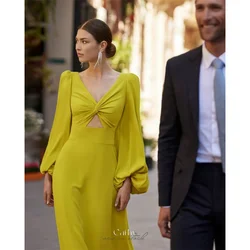 Cathy Yellow Chiffon V-neck Cut-out Prom Dress Elegant Long Sleeves Party Dresses A-line Floor-length Vestidos De Noche 2024