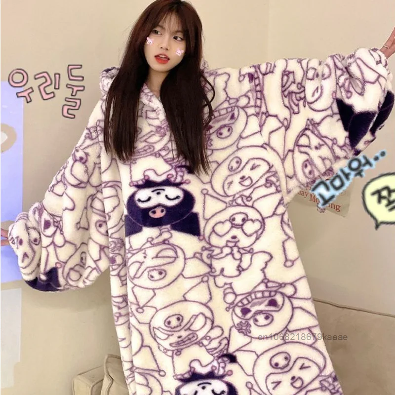 Sanrio Kuromi Winter Women\'s Coral Fleece Thick One-piece Home Clothes Korean Style Sweet Y2k Girl Hooded Loose Casual Nightgown