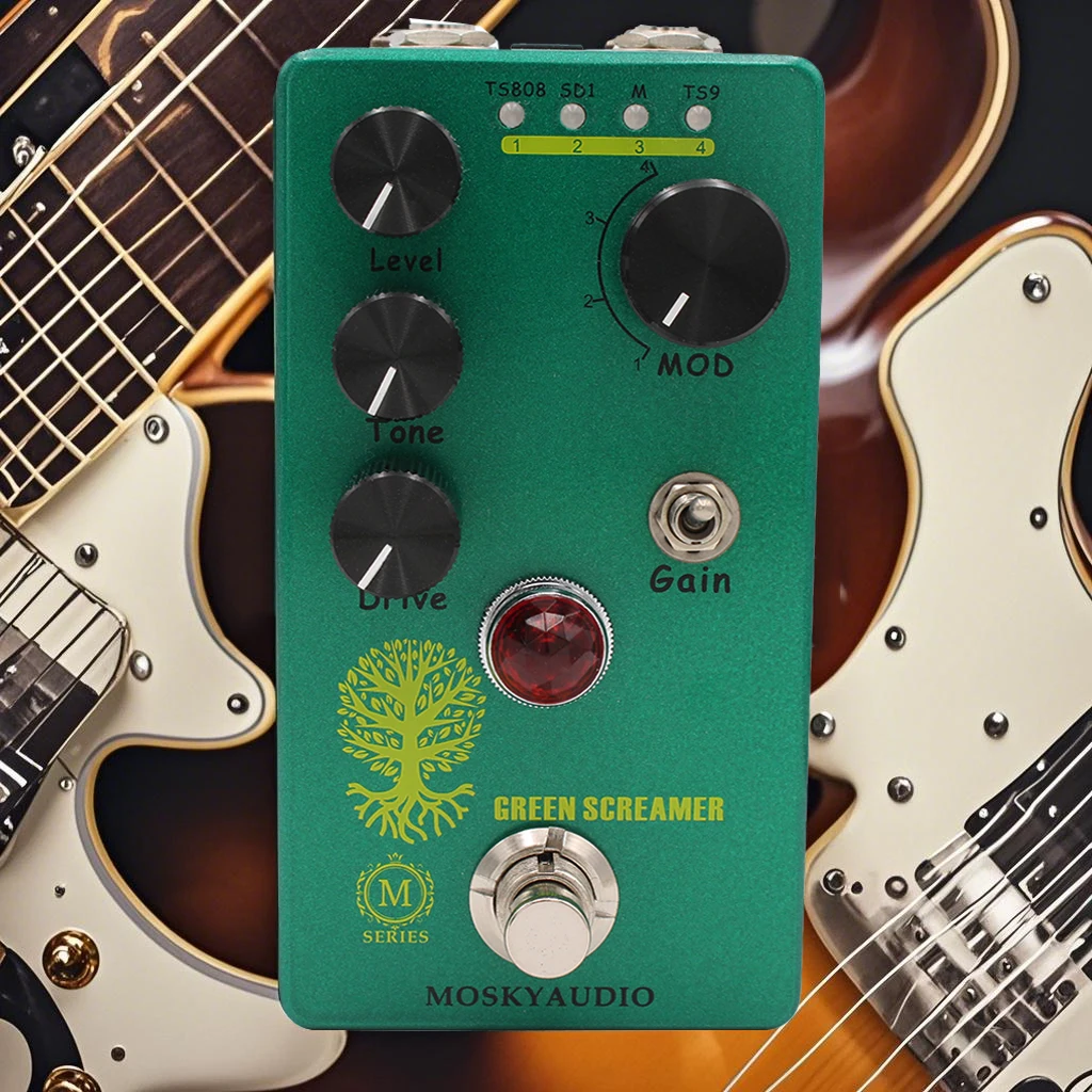 دواسة تأثير الجيتار معززة بالشاشة الخضراء/معزز المحرك الأوبي/مفتاح محرك الأقراص 4 أوضاع ومستوى/نغمة/تحكم في المحرك مدمج