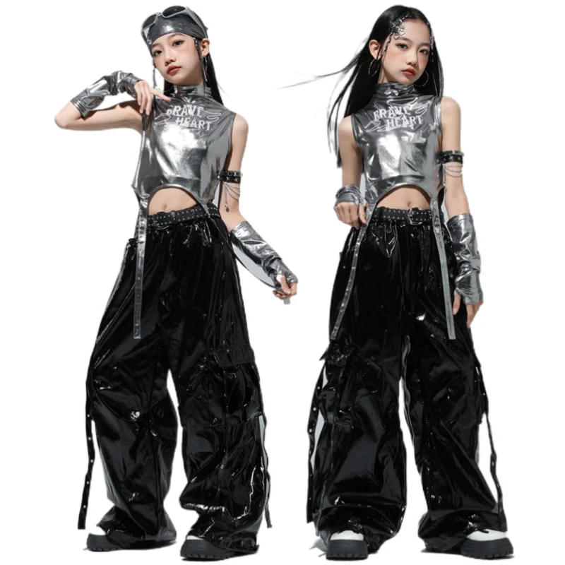 

Одежда в стиле хип-хоп с блестками для девочек, блестящий укороченный топ, брючный костюм, детские сценические костюмы для джазовых танцев Kpop, уличная одежда, наряды для подиума, От 4 до 14 лет