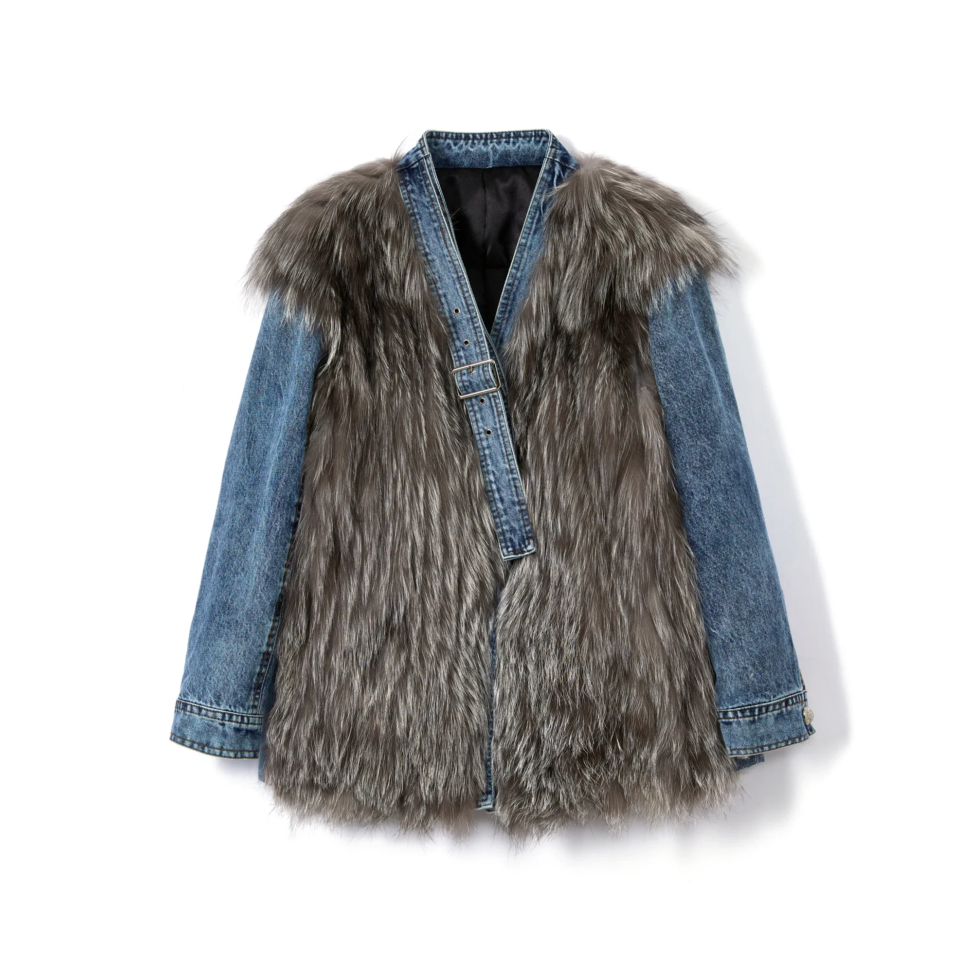 China factory direct provided blue silver fox denim women's coat