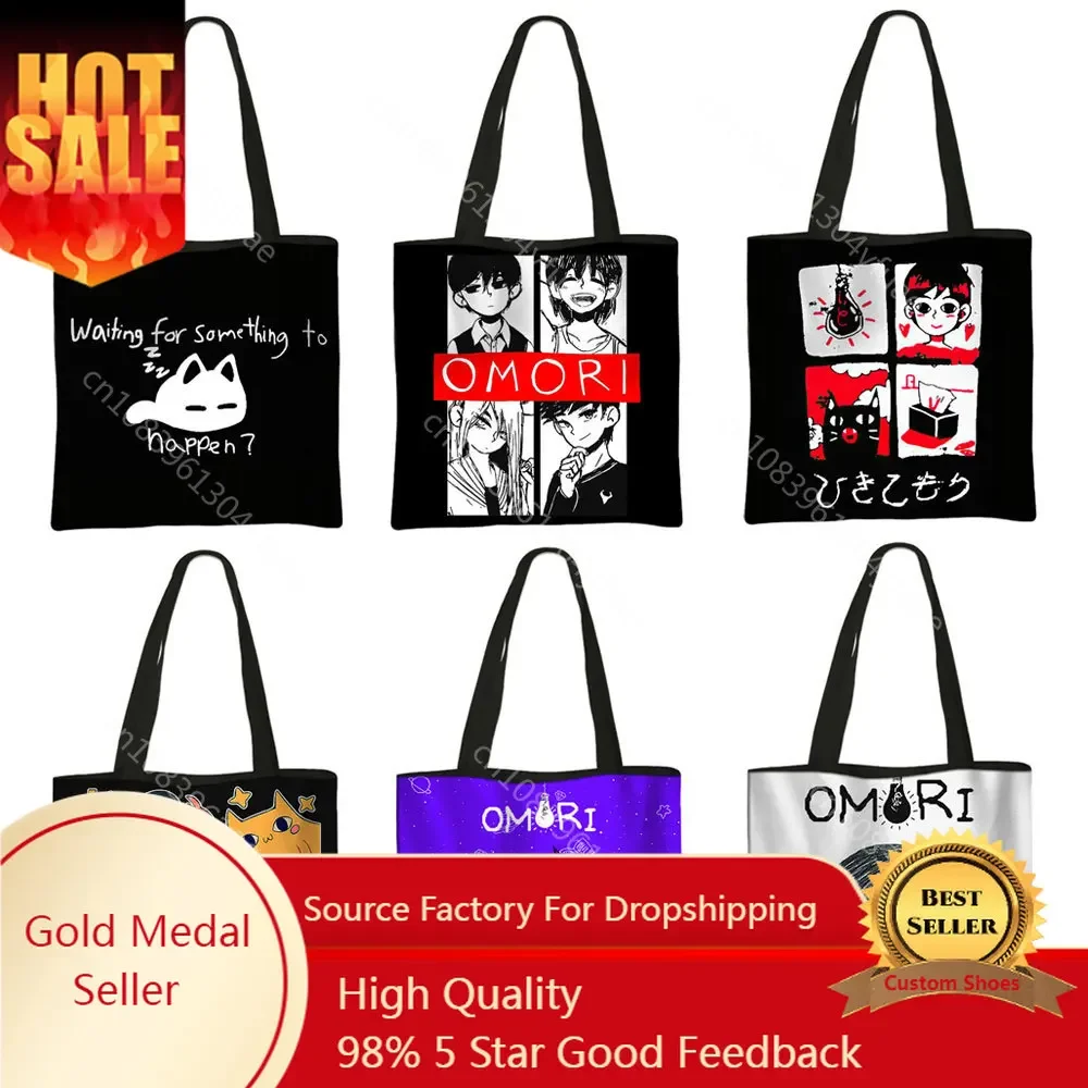 

Cute Omori Print Shopping Bag Canvas Casual Totes Large Capacity Grocery Shoulder Bags Eco Reusable Shopper Bag