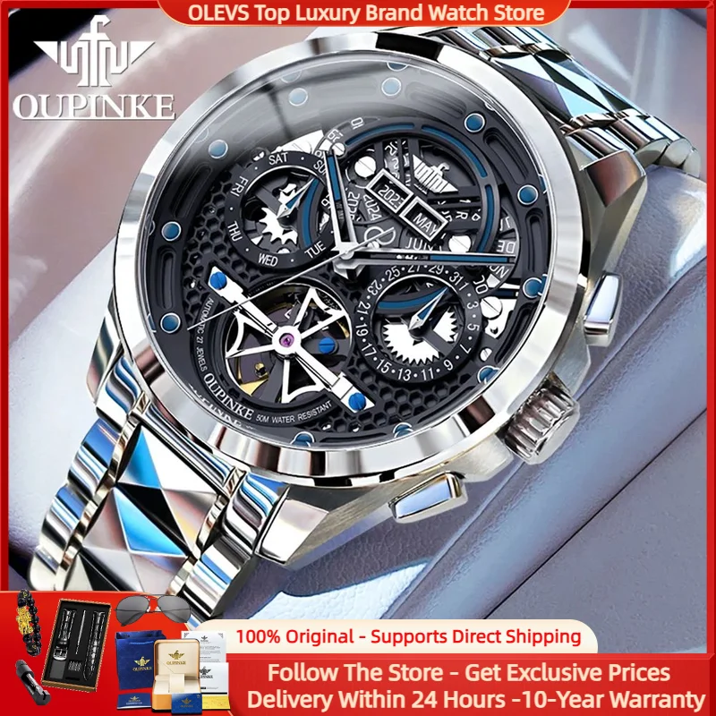 

OUPINKE Men's Watches Luxury Fashion Automatic Wristwatch Original Tourbillon Movement Sapphire Mirror 50M Waterproof Luminous