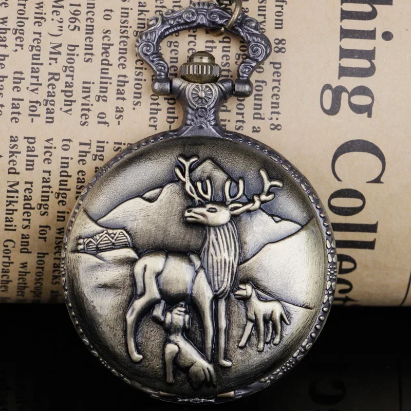 New Deer Animal Engrave Vintage Quartz Pocket Watch Bronze Necklace Deer Carved Exquisite Clock Watch Fob Christmas Gift