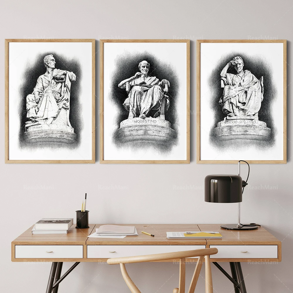 Roman Supreme Court Justice Art Print, Black and White Italian Painting, Italian City Sketch Canvas Print, Law Statue Painting